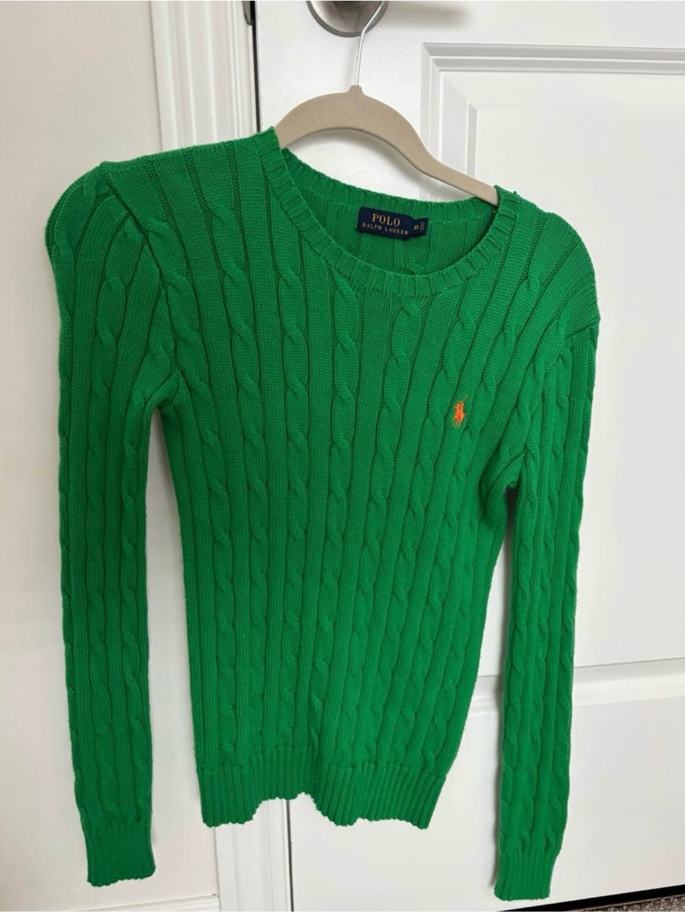 Polo Ralph Lauren Green Cable-Knit Crewneck Sweater with Orange Pony